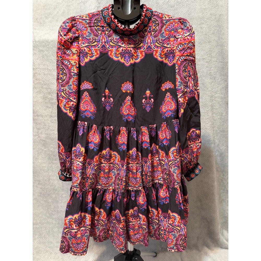 Anthropologie Paisley Beaded Neck Boho Mini Dress Lined Pockets Long Sleeve Sz 6